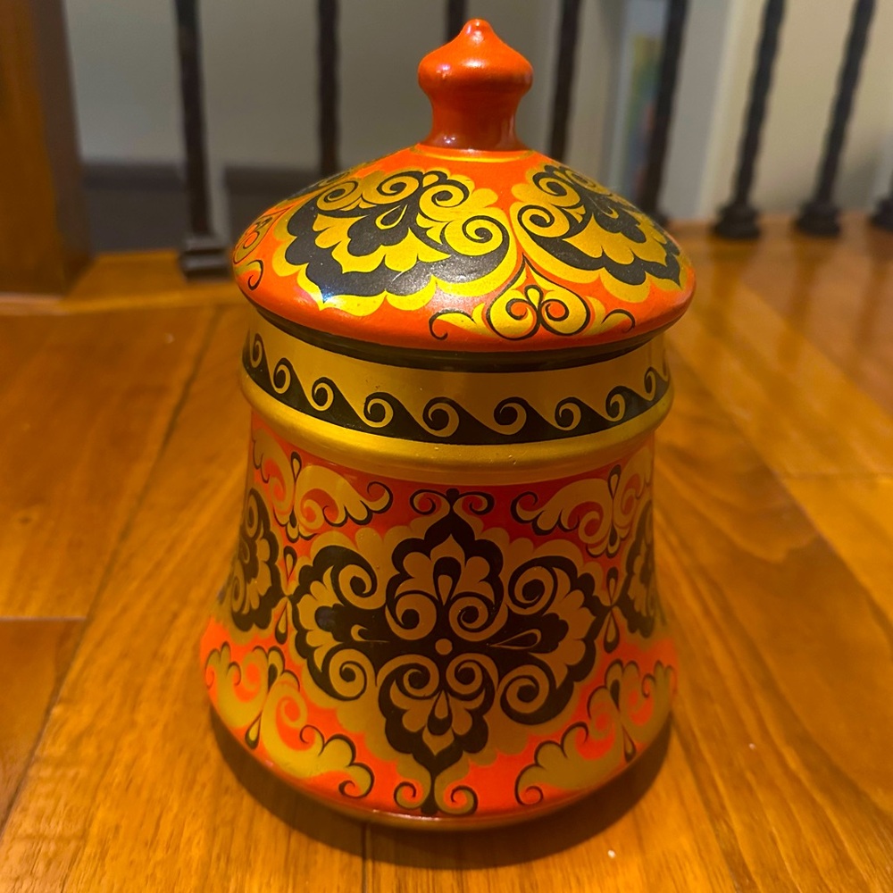 Khokhloma Jar With Lid 1984 Vintage Hand-Painted Folk Art Lacquer Wood Pot